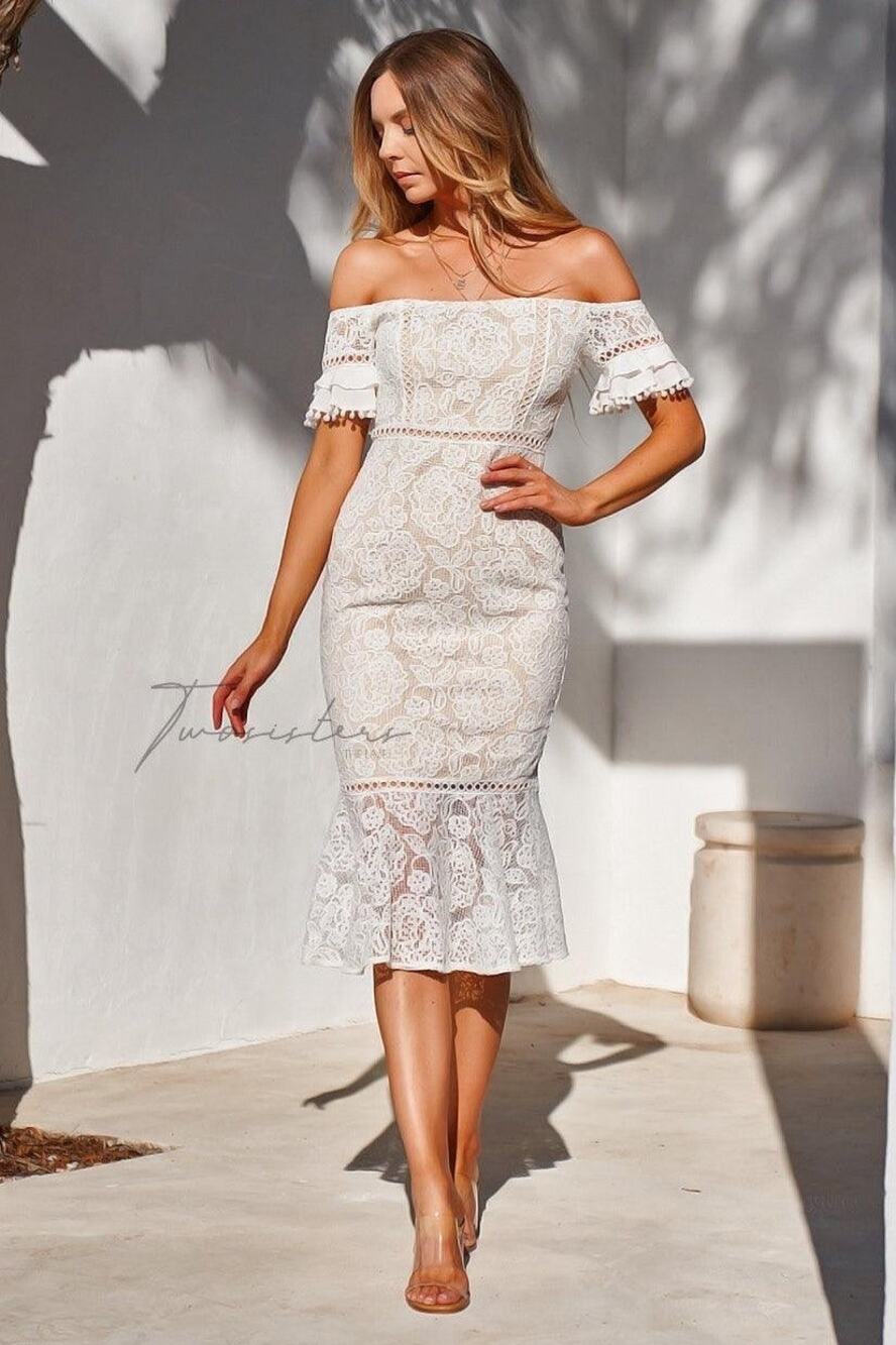 Twosisters the Label Erica White Lace Off the Shoulder Mermaid Midi Dress